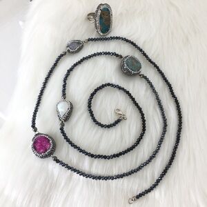 Vintage Sterling Silver Druzy Station Necklace & Chunky Turquoise Gemstone Ring